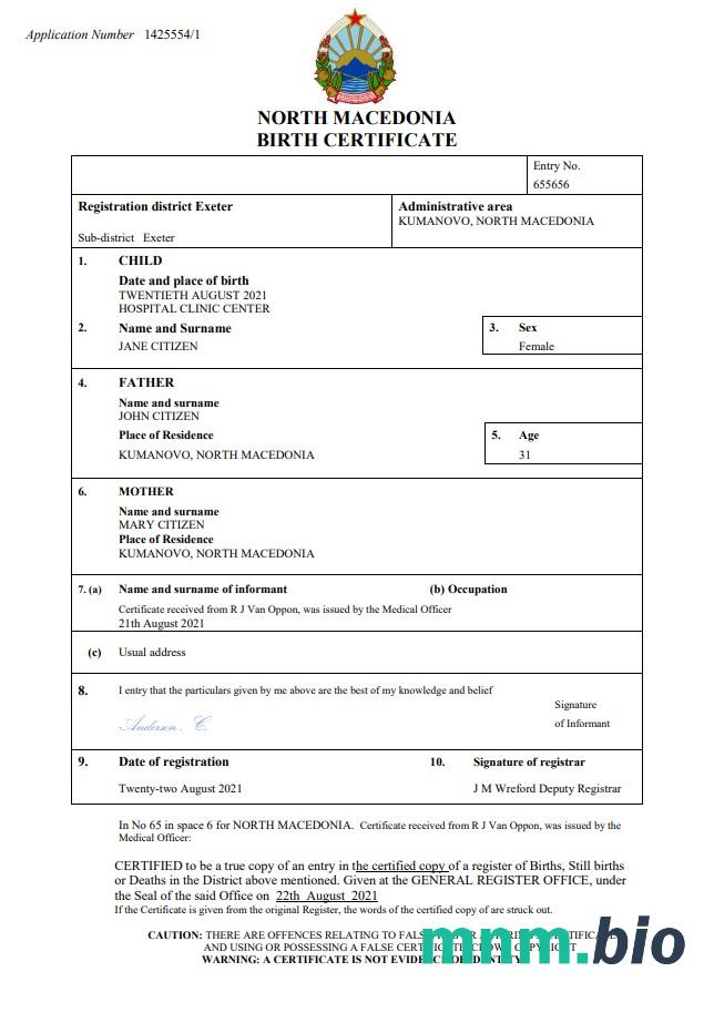 North Macedonia rekord życiowy narodziny certyfikat Word i PDF szablon